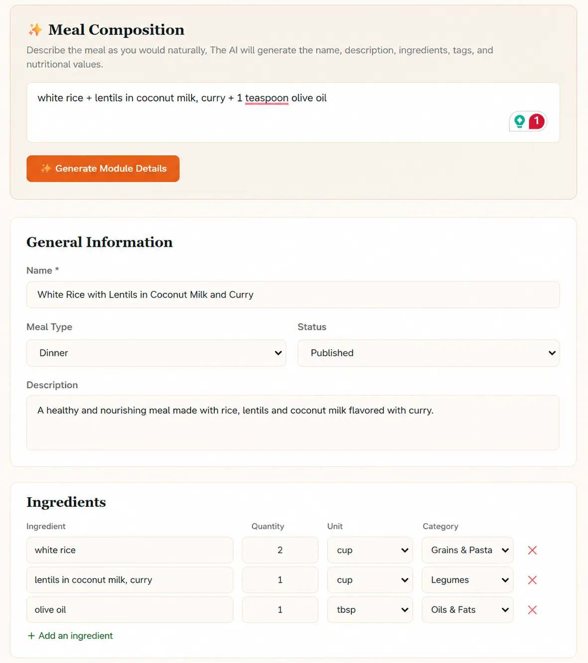 Custom nutrition tool showing meal description input and generated structured ingredients with quantities, categories and nutritional information