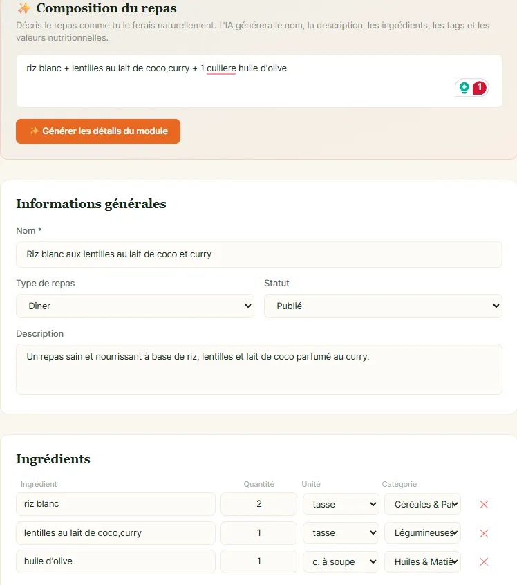 Outil de nutrition sur mesure montrant la description d'un repas et les ingrédients structurés générés avec quantités, catégories et informations nutritionnelles