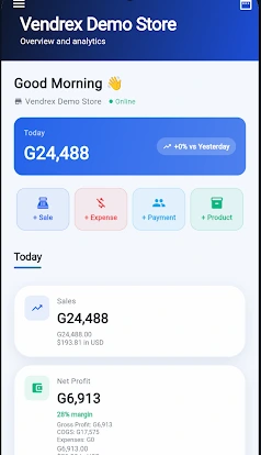Vendrex POS dashboard on a phone showing today's sales, net profit and cash in till