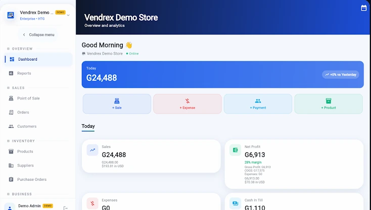 Vendrex POS business management dashboard showing sales, inventory and reporting